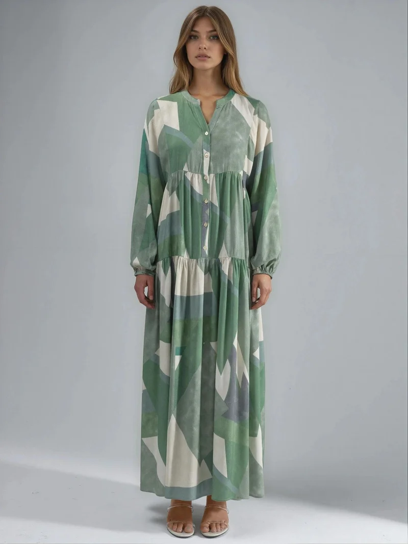 HICCUP Sage Green Printed Long Sleeve Viscose Maxi Dress for Women | Best Price UAE